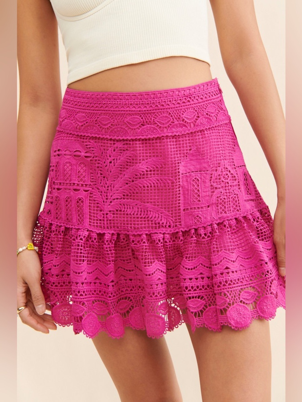 FARM Rio Morada Boa Guipure Lace Pink Mini Skirt Size S